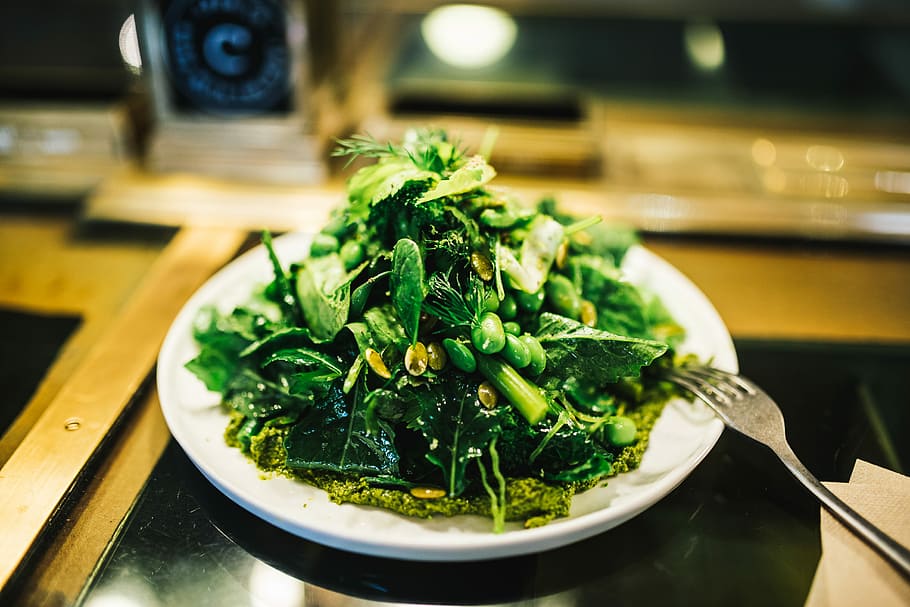 Green salad, dinner, dish, dressing, fork, healthy, lettuce, lunch HD wallpaper