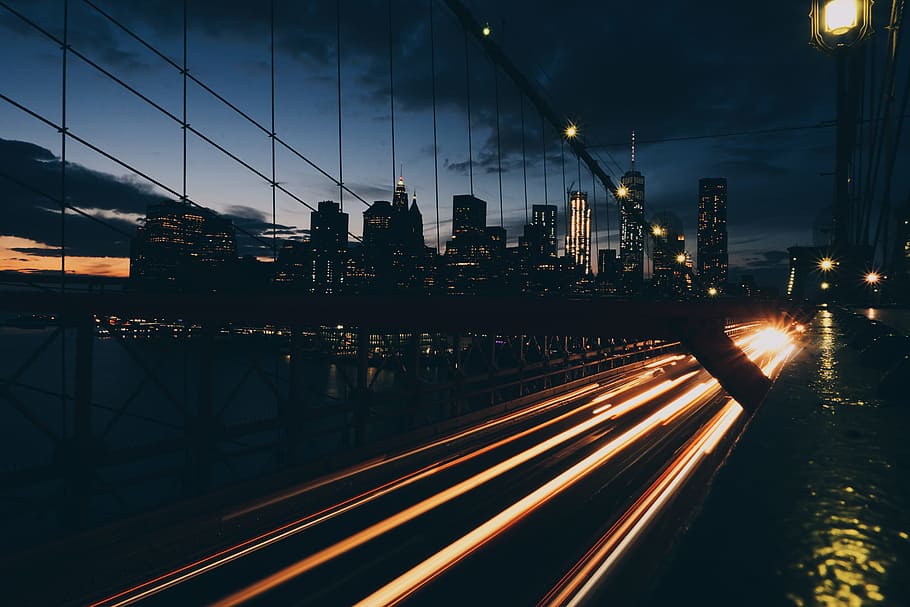 Light Trails on City Street at Night, architecture, blur, bridge HD wallpaper