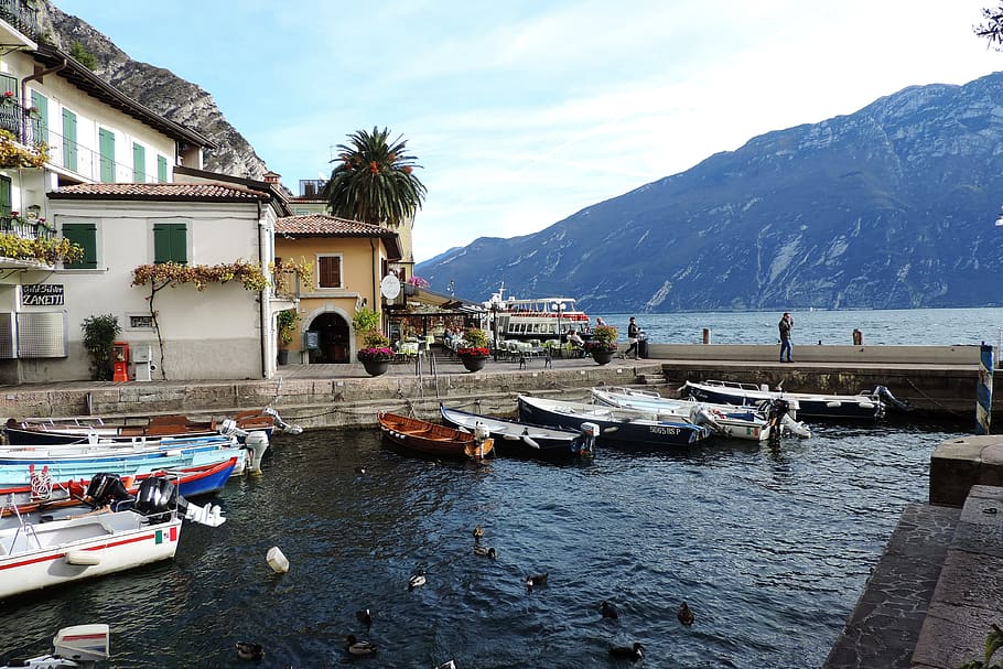 limone, garda, port, waters, mountain, nautical vessel, building exterior HD wallpaper