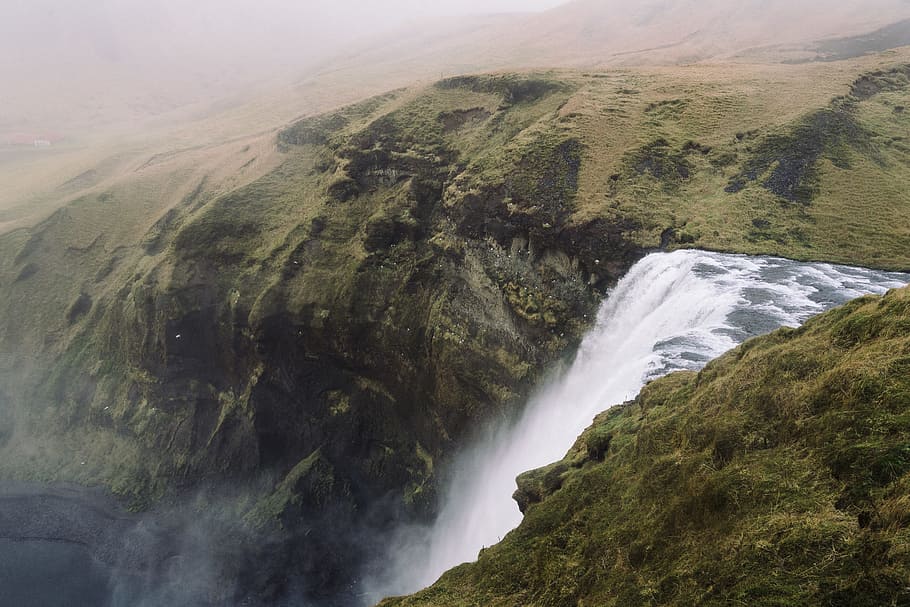 landscape photo of waterfalls, aerial view of waterfalls, Skogafoss HD wallpaper