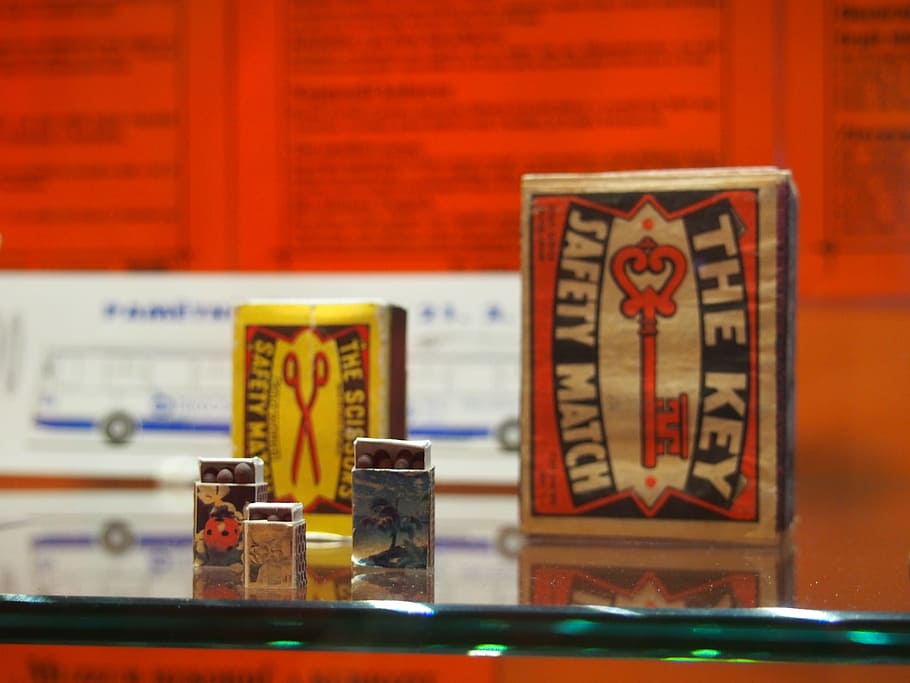 matches, box, museum, record, text, indoors, table, close-up HD wallpaper