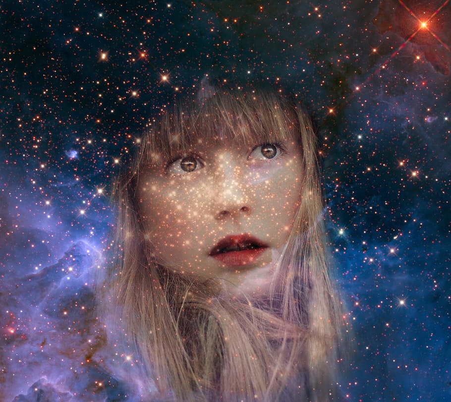 photo of woman's face staring at stars, girl, child, profile