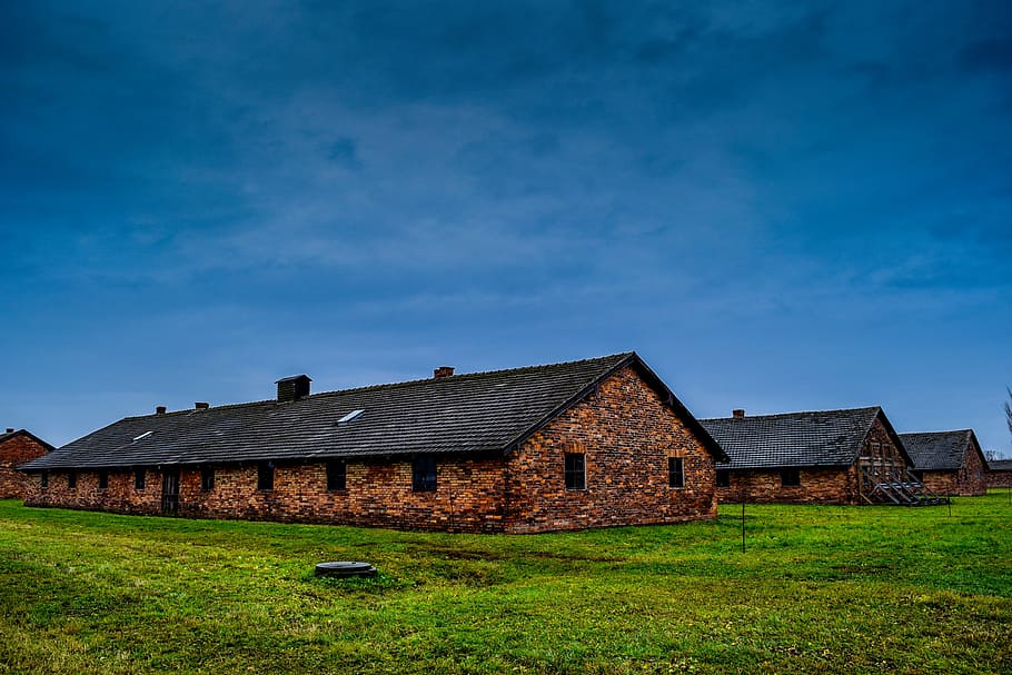 brown concrete house in green grass field, holocaust, poland HD wallpaper