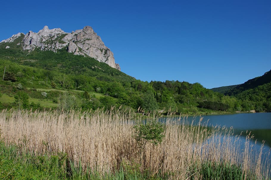 mountain, bugarach, lake, hill, nature, calm, landscape, plant HD wallpaper