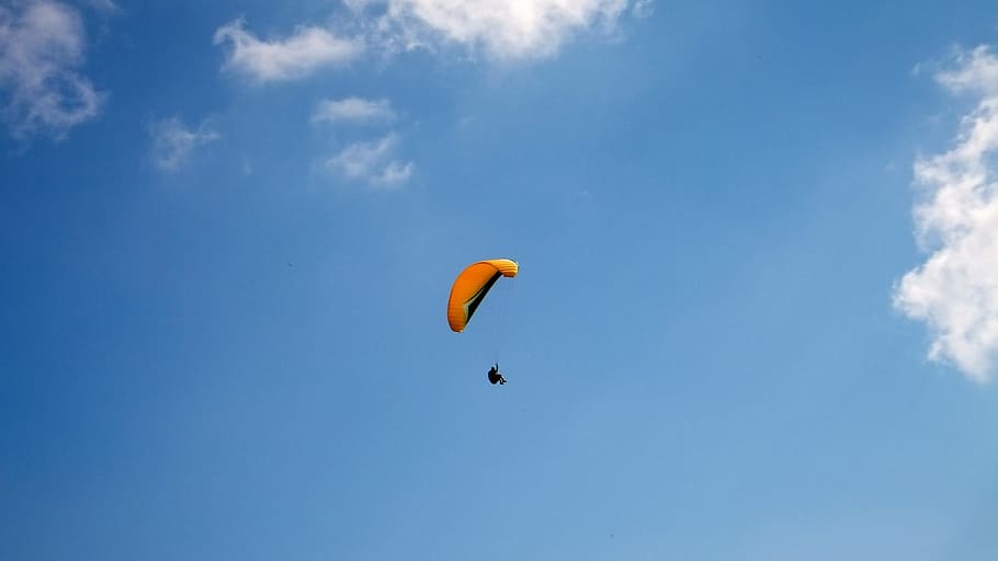 paragliding, fly, sky, clouds, blue, mood, adventure, extreme sports HD wallpaper