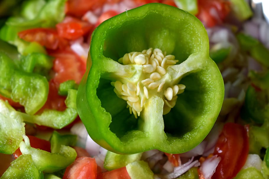 capsicum, tomato, onion, sliced, salad, vegan, healthy, vegetable HD wallpaper