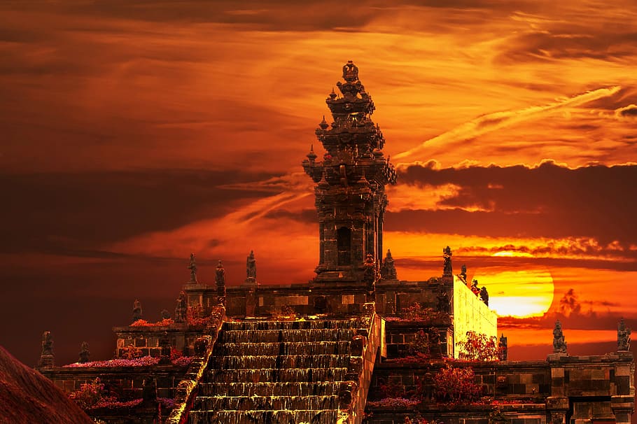 temple, india, evening red, sunset, colorful sunset, clouds HD wallpaper