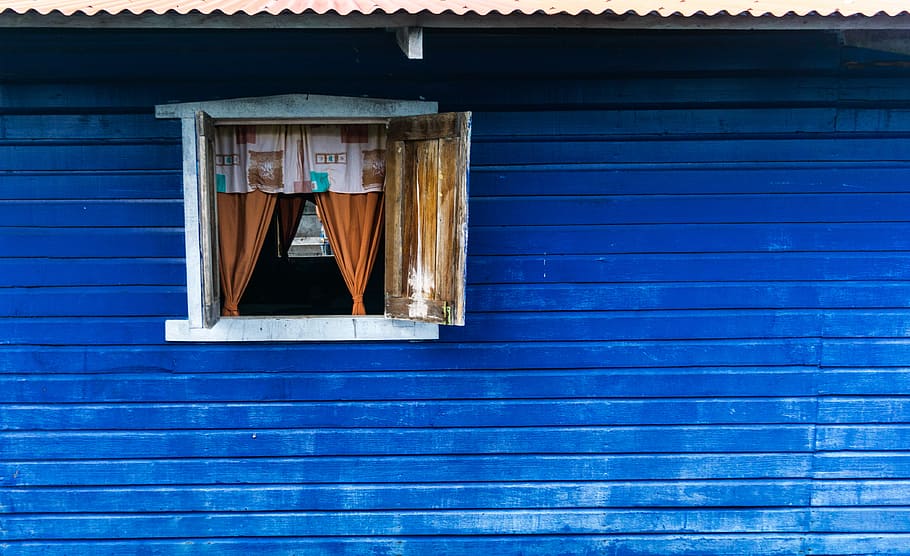 window, blue opened window wallpaper, building, curtain, architecture HD wallpaper