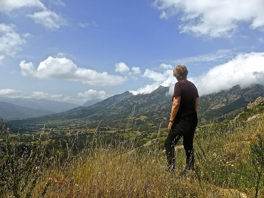 person, view, distant, landscape, contemplation, scenic, panorama HD wallpaper