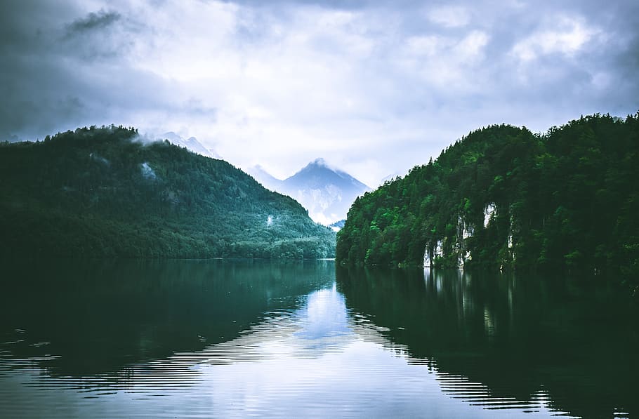 lake, water, reflection, clouds, sky, mountain, highland, landscape HD wallpaper