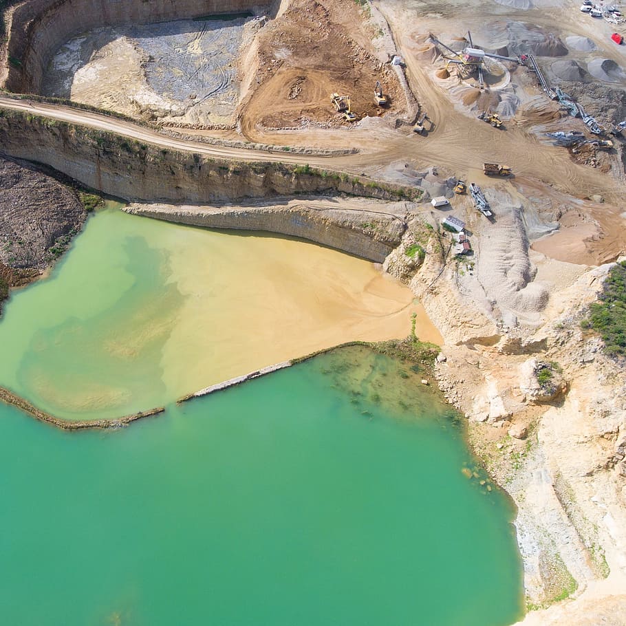 aerial, view, landscape, surface, mining, rocks, mountain, water HD wallpaper