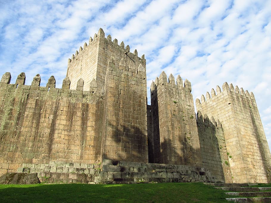 brick castle, portugal, guimaraes, heritage, fortress, unesco