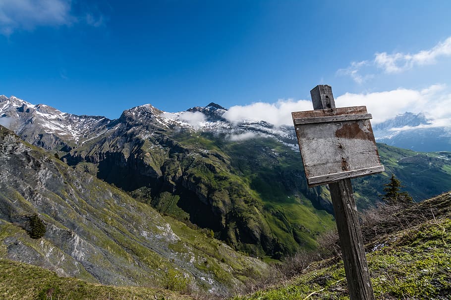 mountain, climb, sky, spring, clouds, snow, blue, white, green HD wallpaper