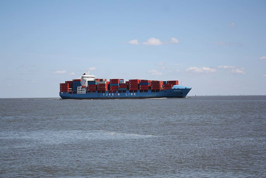 blue transport boat in the middle of sea, container ship, north sea HD wallpaper