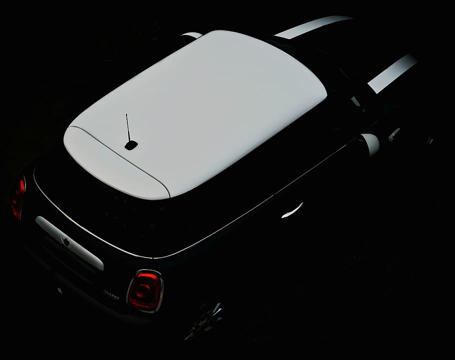 black and white Mini Cooper, closeup, view, car, vehicle, travel, HD wallpaper