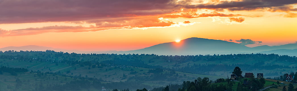 sunset scenery on mountain, mountains, sundown, dusk, end, evening HD wallpaper