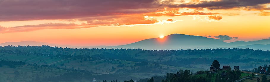 sunset scenery on mountain, mountains, sundown, dusk, end, evening HD wallpaper