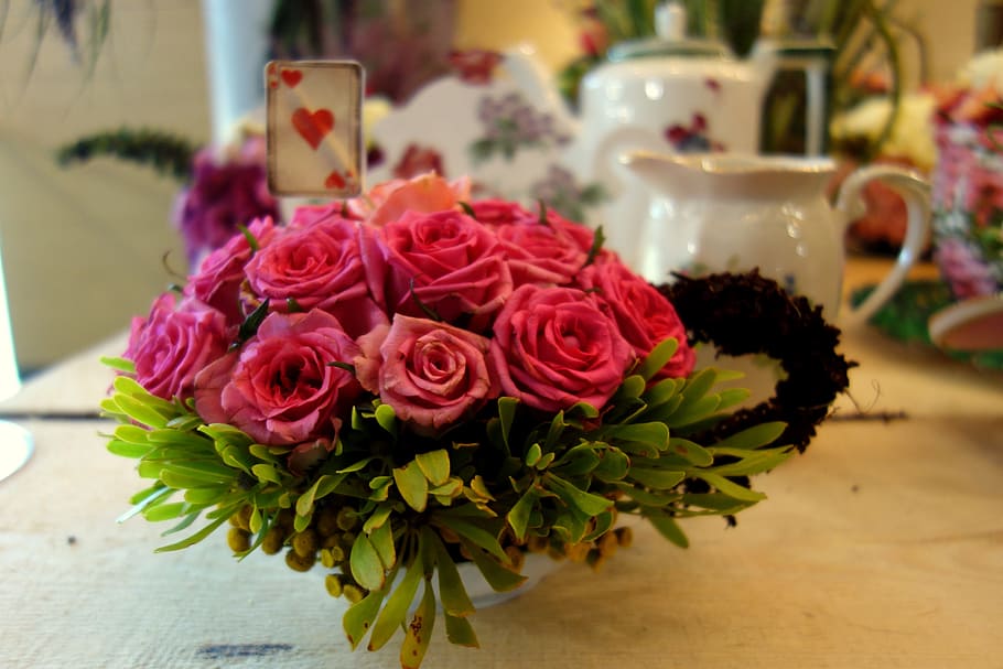 composition, floristry, tea, roses, pink, flowers, teacup, wonderland HD wallpaper