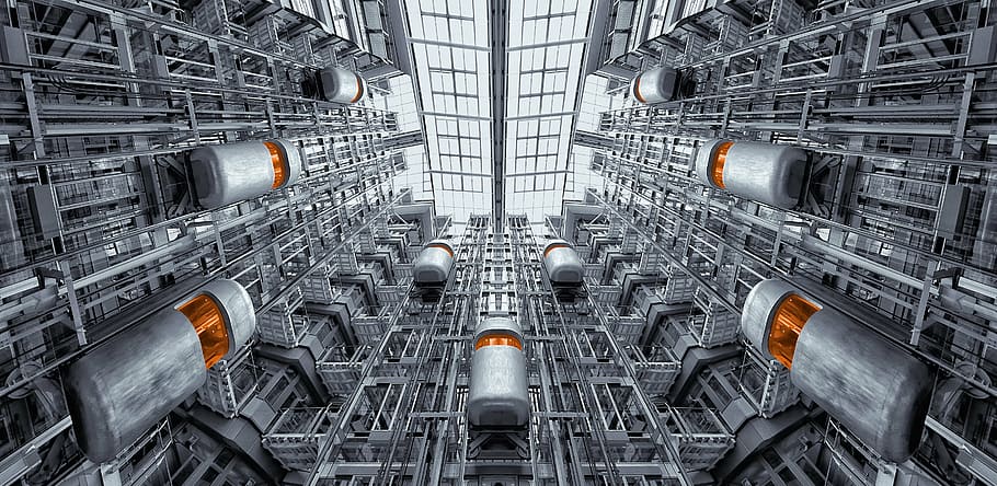 worm's eye view of gray structure, elevator, berlin, ludwig erhard haus, HD wallpaper