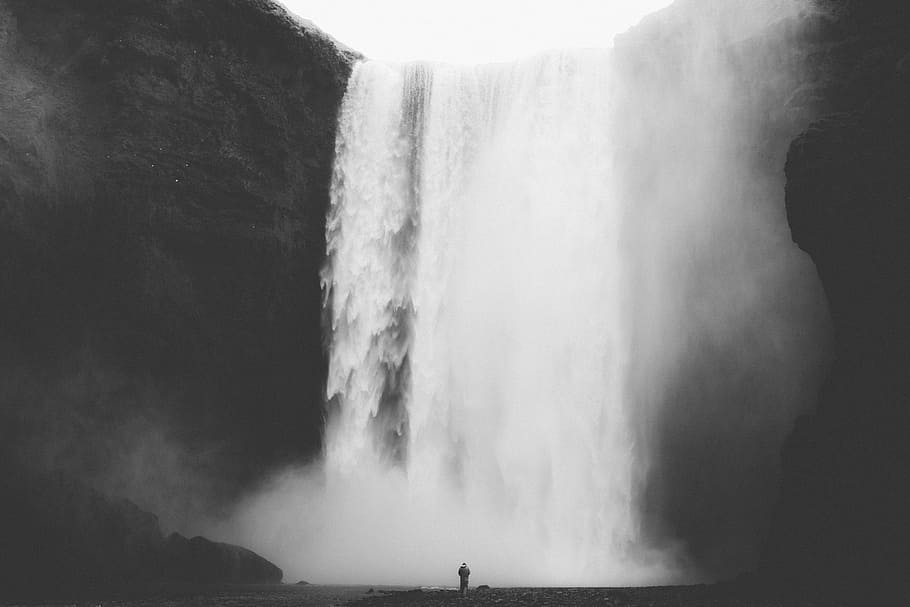 grayscale photography of waterfells, waterfall, powerful, nature HD wallpaper