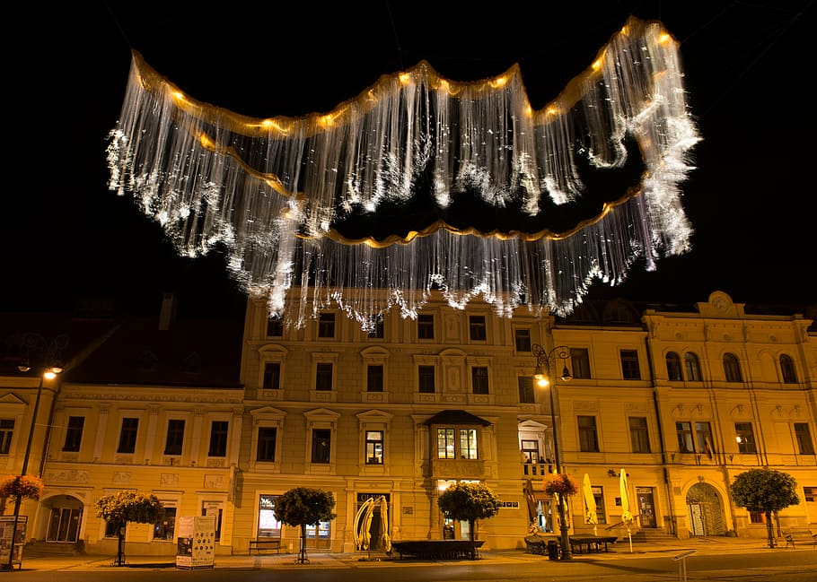 light expo, art, night, buildings, banská bystrica, city, dark HD wallpaper