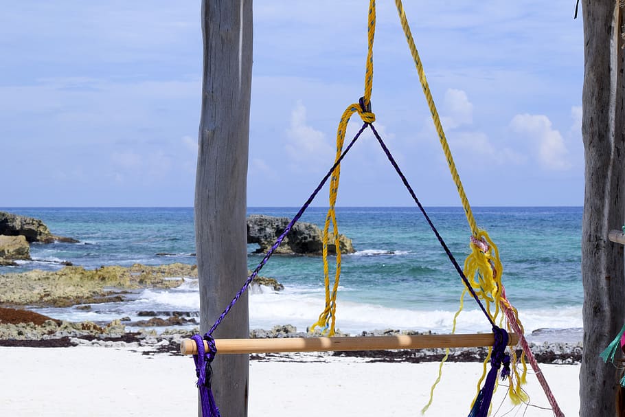 hammock hanged on seashore, cozumel, mexico, beach, relax, tranquil, HD wallpaper