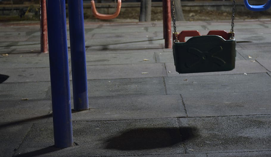 black and red swing on gray concrete ground, gray and orange swing outdoor HD wallpaper