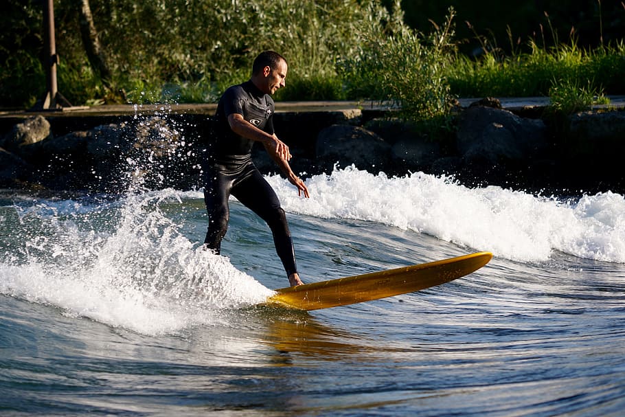 Surfer, River Surfing, Surfboard, Wave, water, one person, one man only HD wallpaper