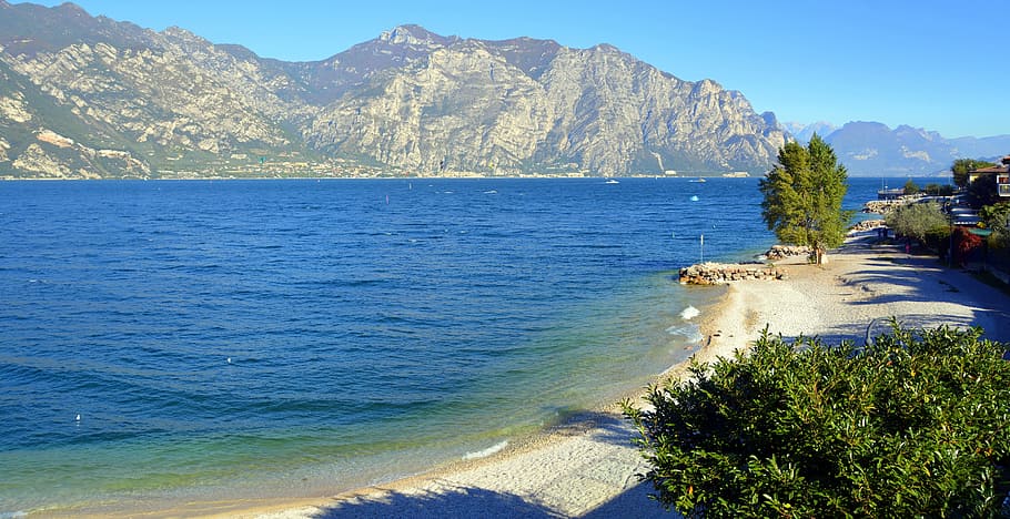 beach, lake, mountain, malcesine, italy, water, sea, scenics - nature HD wallpaper