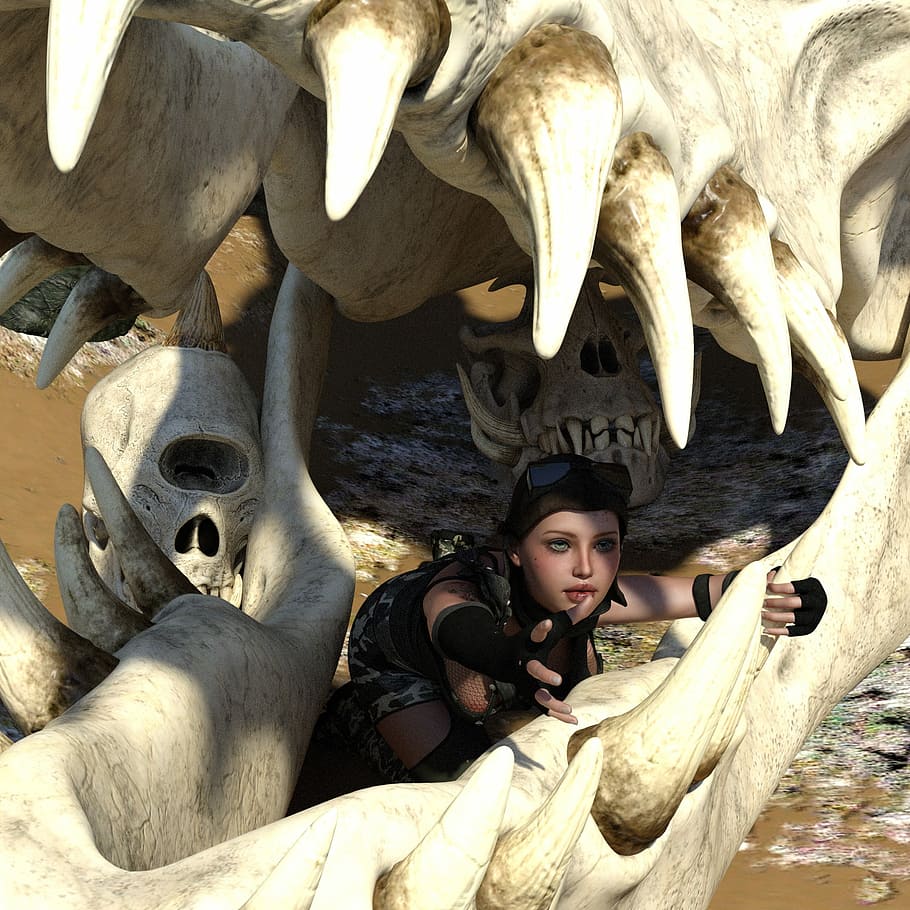 woman inside animal skull fossil, Skull And Crossbones, Tooth