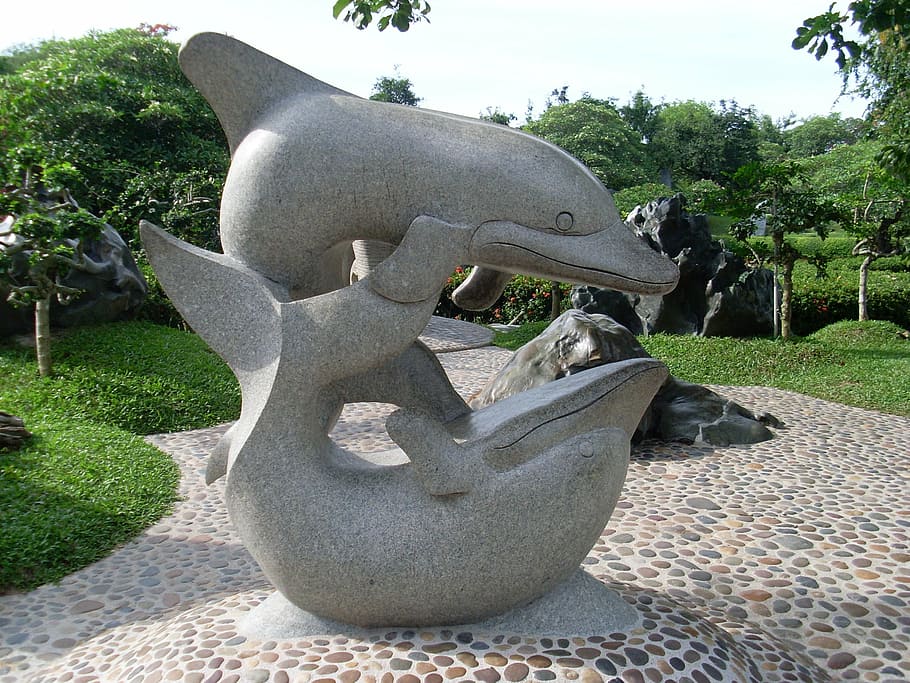 background, sculpture, dolphin, statue, art and craft, plant HD wallpaper