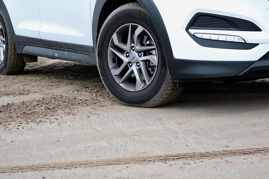 auto, parked, sand, dust, alloy wheel, white, parked car, automotive HD wallpaper