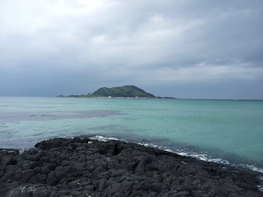jeju island, jeju island sea, emerald sea, sea island, sky, HD wallpaper
