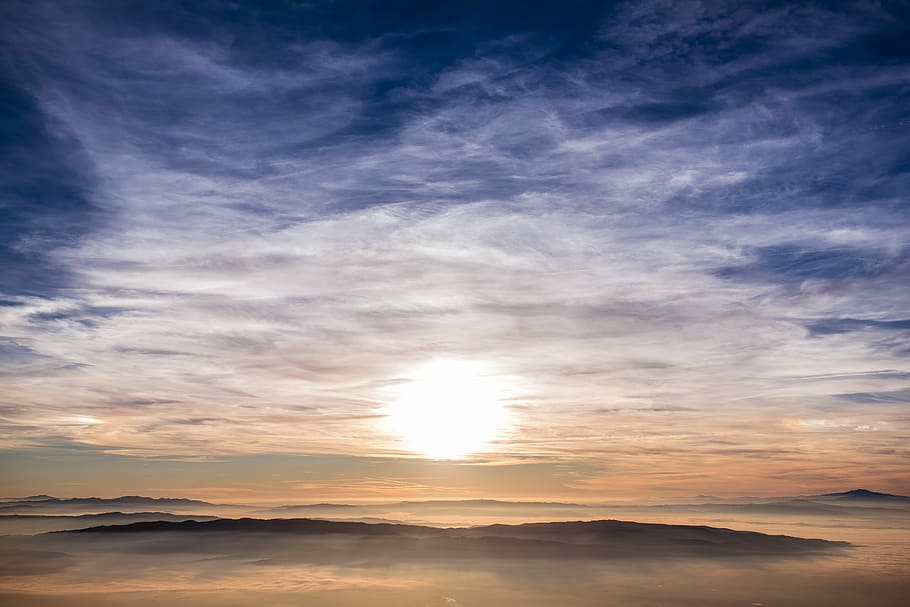 panoramic photography of sunrise, sunset over the horizon, sky HD wallpaper