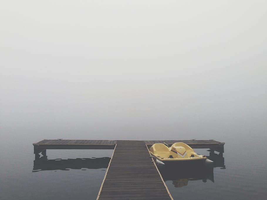 HD wallpaper: pedal boat beside dock, brown wooden dock near yellow