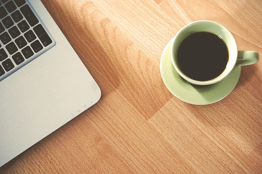 white ceramic mug on brown wooden surface, office, computer HD wallpaper