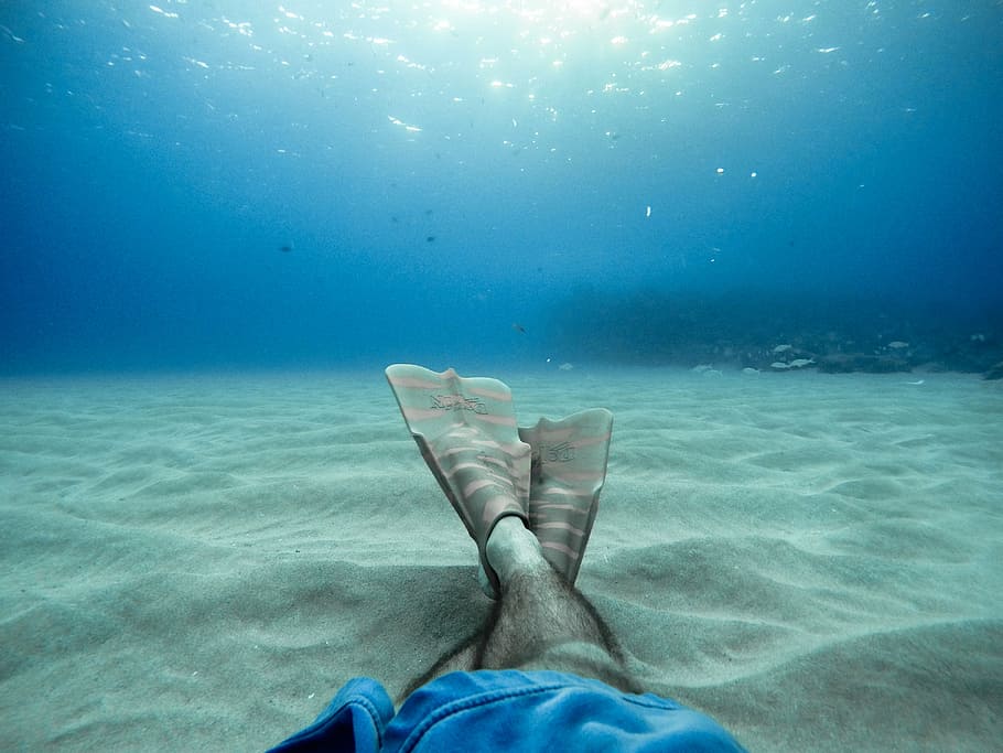 person wearing flippers under the water, underwater, sea, ocean
