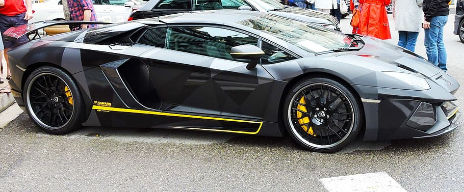 black Lamborghini Aventador parked near people, Auto, Speed HD wallpaper