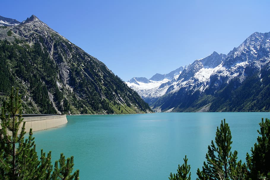 body of water near mountain, zillertal, tyrol, mountains, reservoir