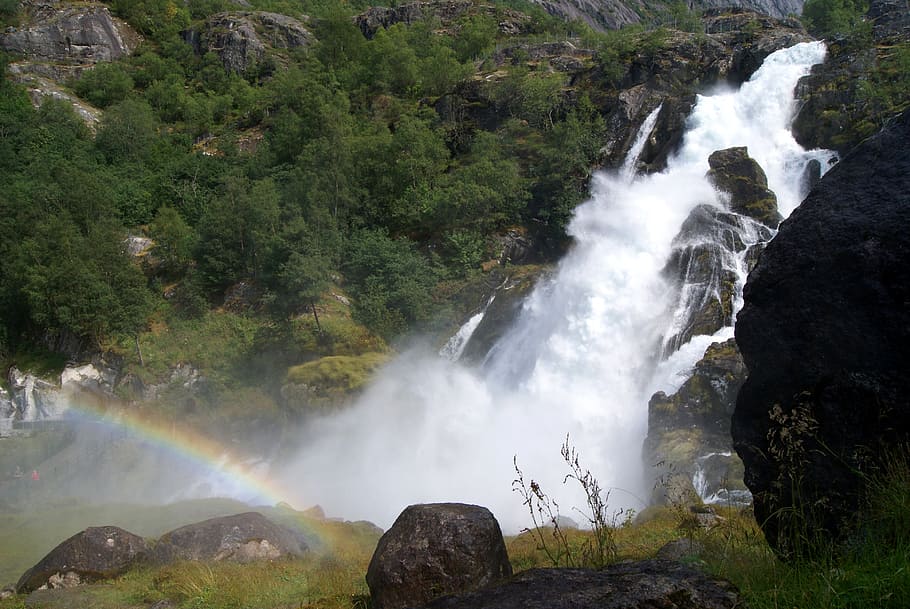 waterfalls with rainbow during daytime, nature, river, norway HD wallpaper