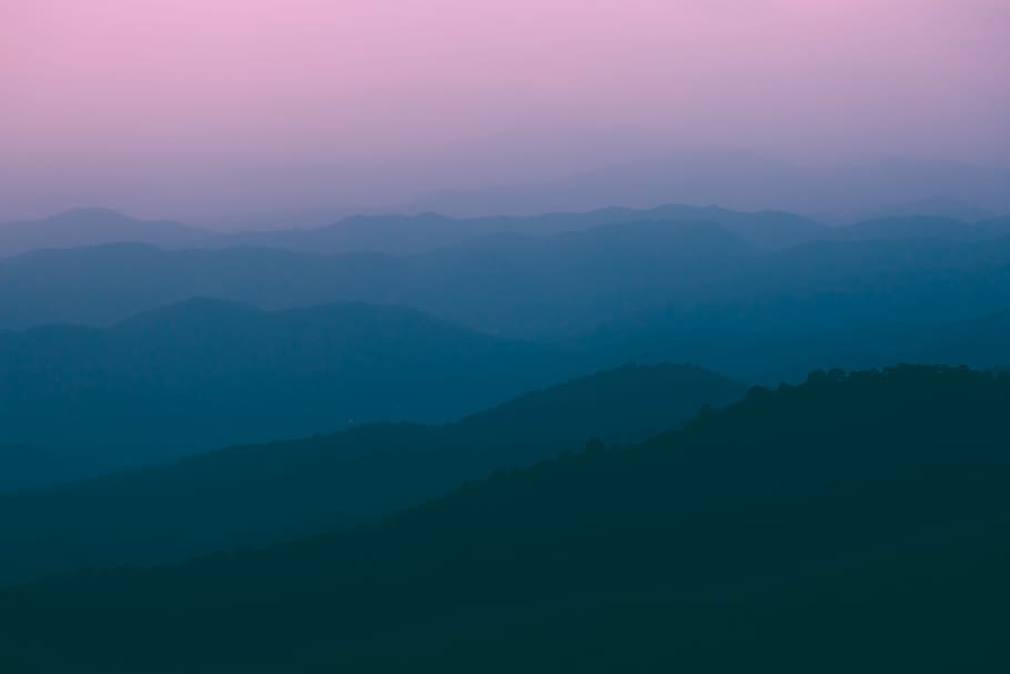 foggy mountain over the horizon, fog over mountain, pink, landscape HD wallpaper