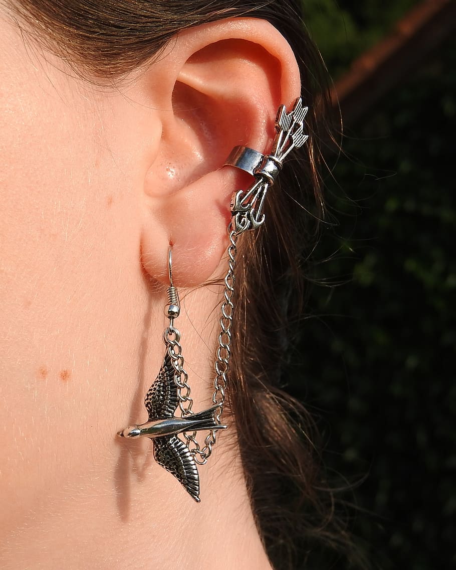 earrings, jewel, silver, extravagant, bird, arrows, one person