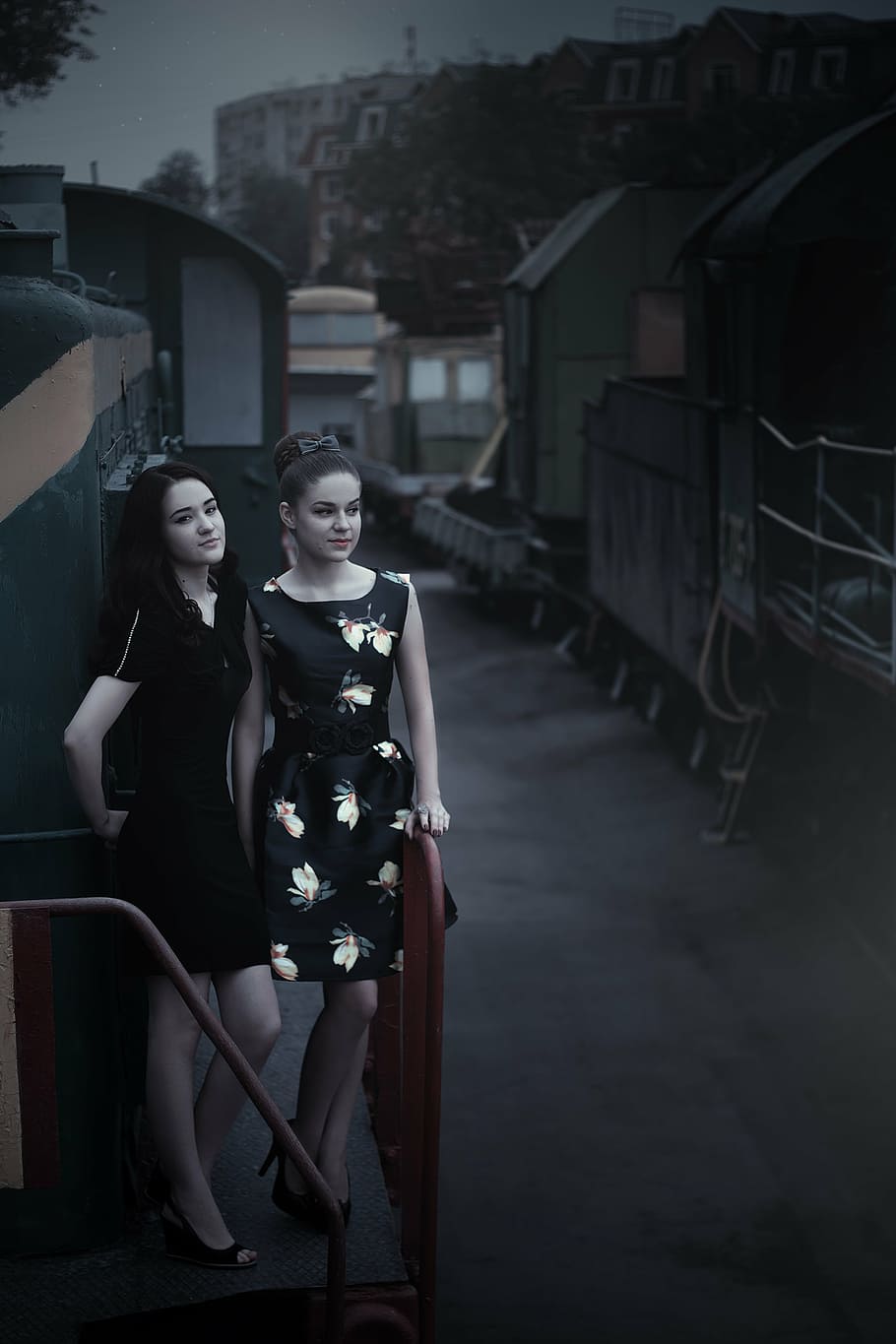 two woman standing on sidewalk, girls at the station, train, pin up girl, HD wallpaper