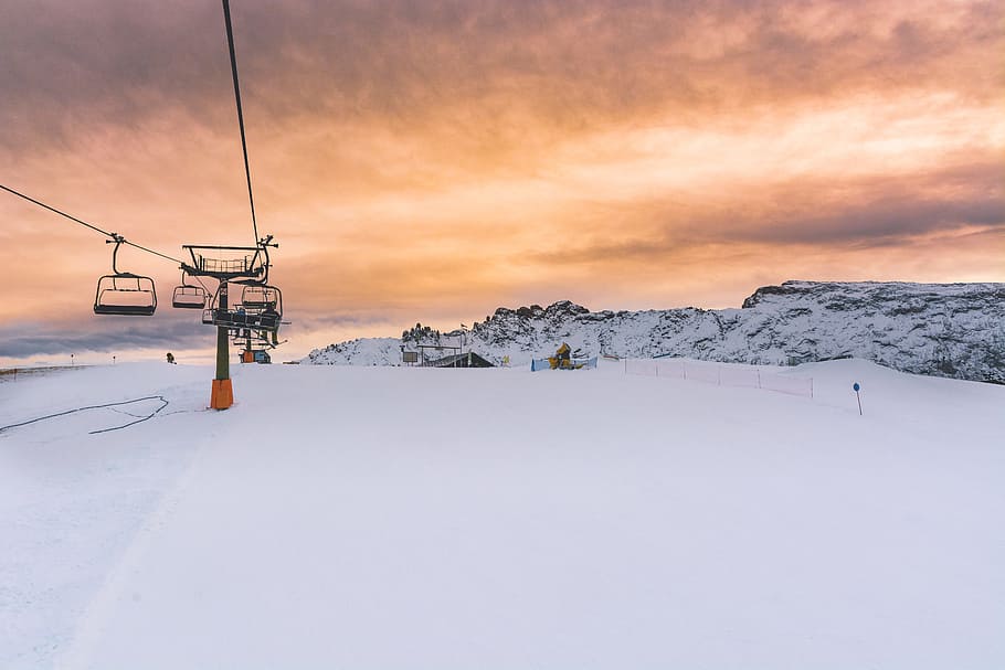 cable train over snowy field, untitled, covered, electric, sunrise HD wallpaper