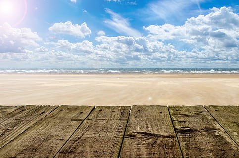 brown wooden dock under cloudy sunny sky, wooden bench, beach HD wallpaper