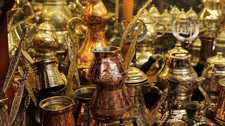 old, gold, traditional, copper, large group of objects, antique HD wallpaper