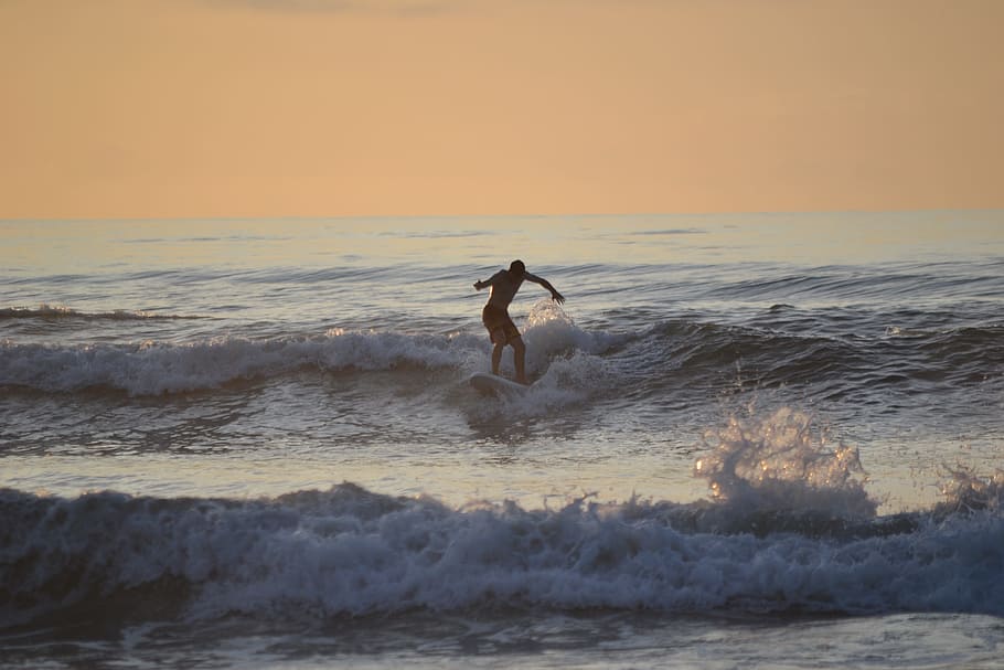 Surfing, Sunset, Surfer, Beautiful, Sea, beach, surfboard, ocean HD wallpaper