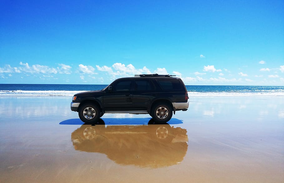 black SUV on seashore, offroad, jeep, sw4, beach, trail, car HD wallpaper