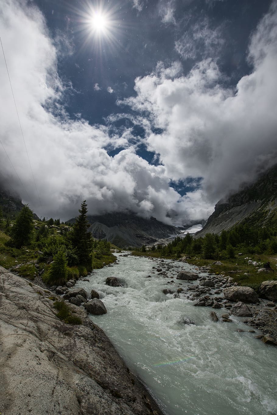 river, water, green, grass, rock, trees, plant, nature, mountain HD wallpaper