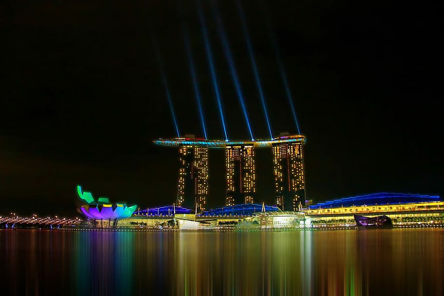 Marina Bay Sands during nighttime, famous Place, illuminated HD wallpaper